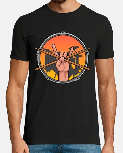 Tee-shirt le batteur rock and roll cornes à main batterie musique heavy metal