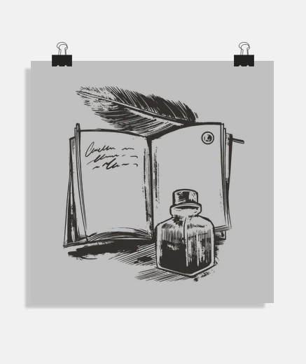 Poster libro e calamaio, inchiostro, per scrittore, decorazione, eloquenza,