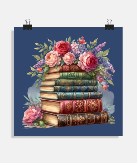 Póster libros antiguos peonías cartel de encuadernación dorada sala de estar librería cartel de bistró muse