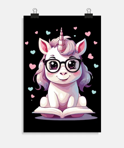 Poster licorne lunettes lectrice livre liseuse affiche chambre enfant decoration salon atelier studio poste