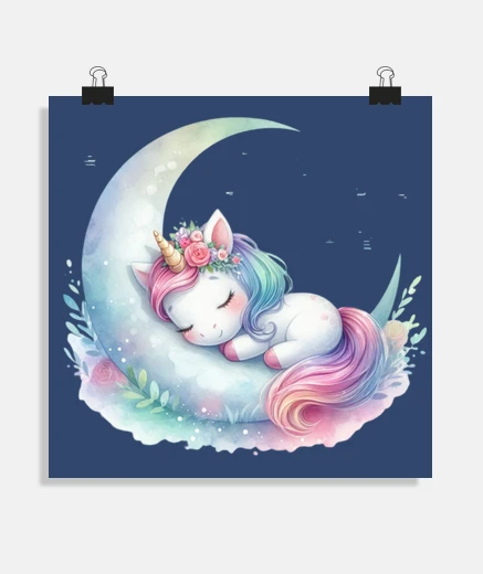 Poster licorne qui dort sur la lune phases poster chambre enfant  decoration à personnaliser affiche 