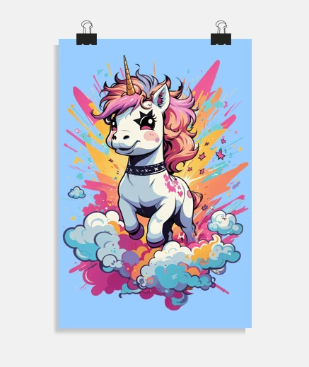 Poster Licorne sur des nuages étoiles flash affiche chambre enfant bébé salon classe studio poster 
