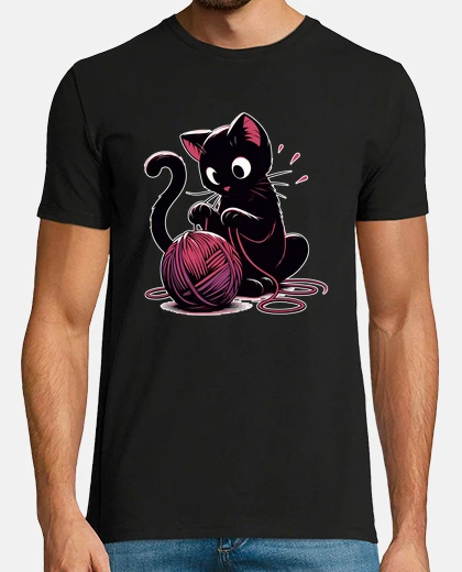 Camiseta lindo gato negro con ovillo de hilo