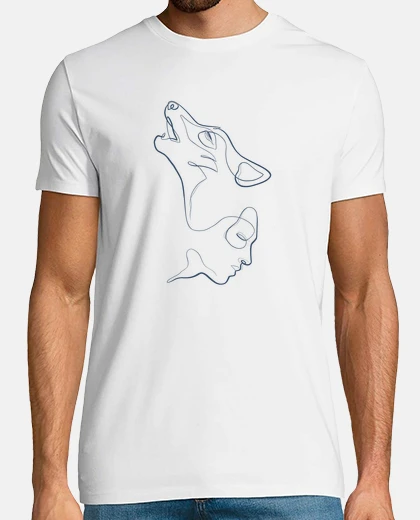 T-shirt linea blu testa di lupo e volto umano