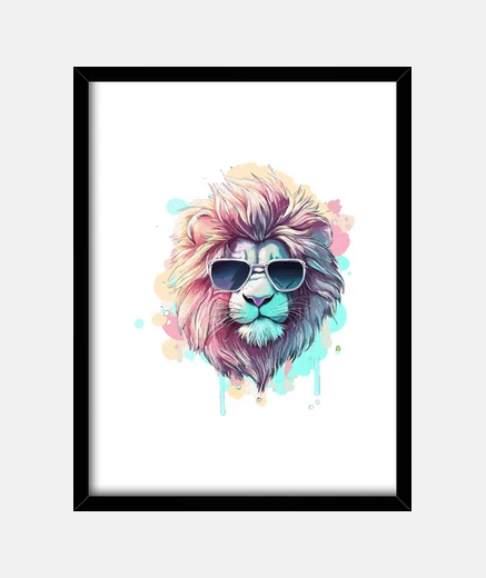 Framed Lion in sunglasses pastel watercolor