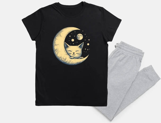 Pajama little cat who sleeps on a crescent moon and sees the earth and the stars, nightwear, babydoll, t-sh