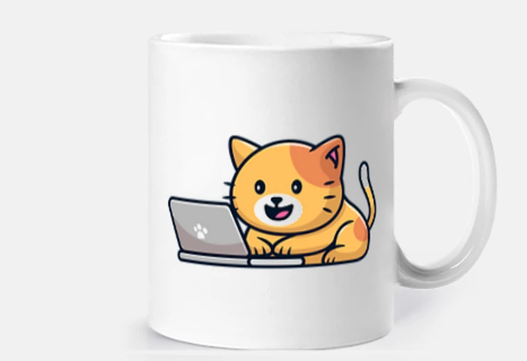 Cup little cat with his laptop