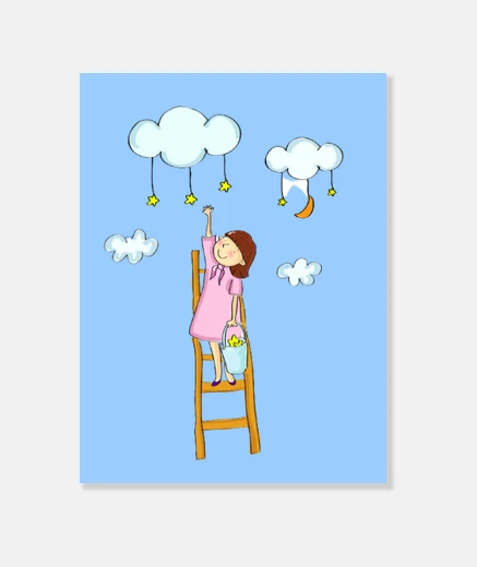 Wall little girl who picks up the stars, girl bedroom decoration