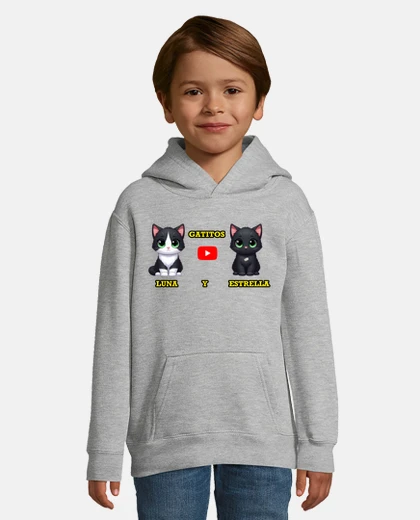 Kids long sleeve hooded sweater with kawaii moon and star kittens for kids, grey