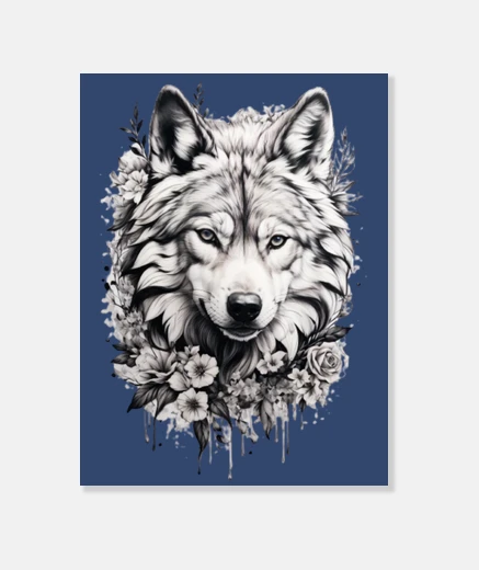 Tableau loup avec une couronne de fleurs ,loups