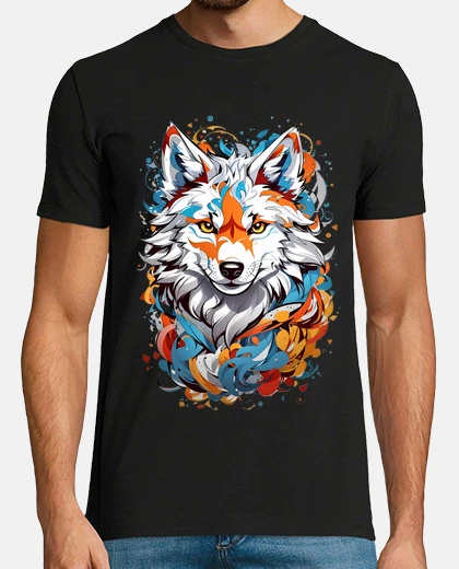 Tee-shirt loup blanc entouré de taches abstraites, t-shirt léger