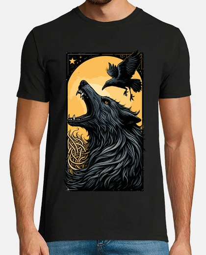 T-shirt lupo e corvo scuro retrò
