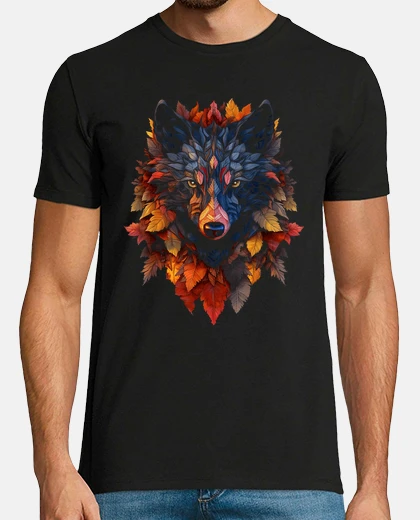 T-shirt lupo foglie autunnali arte animale moti