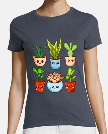 Camiseta Macetas Plantas Kawaii Huerto Urbano Cactus Jadín Flores