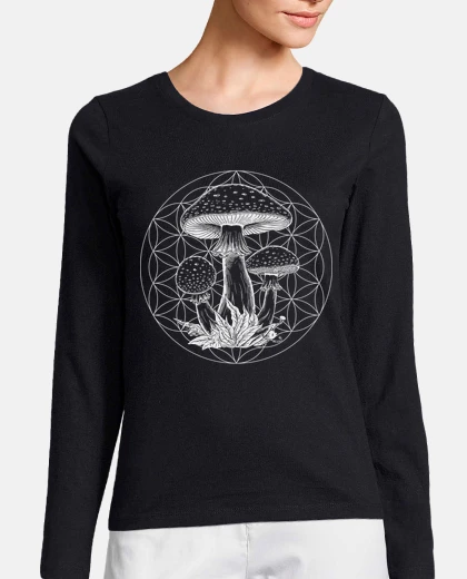 T-shirt maglietta artistica con funghi e fiori 