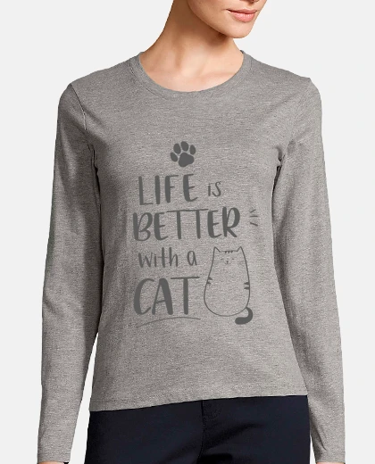T-shirt maglietta gatto, maglietta donna gatto, regalo, donna, manica lunga, mix grigio