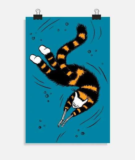 Poster mains squelette chat de natation heureu