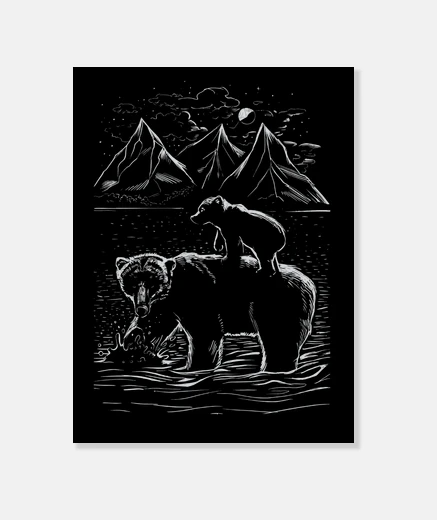 Wall mama bear and her little cub on her back, motherly love
