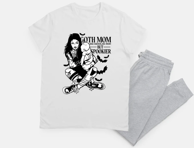 Pijama mamá de estilo gótico con su hijo, normal pero aterradora para los demás,
