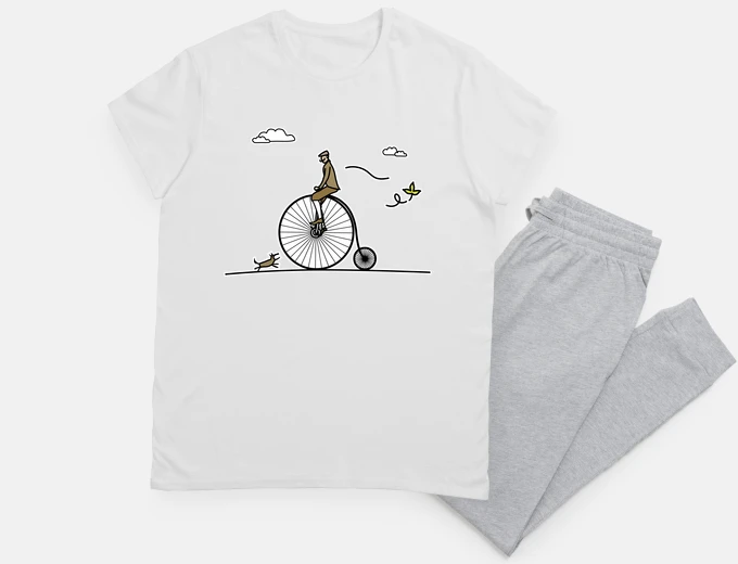 Pyjama man on velocipede
