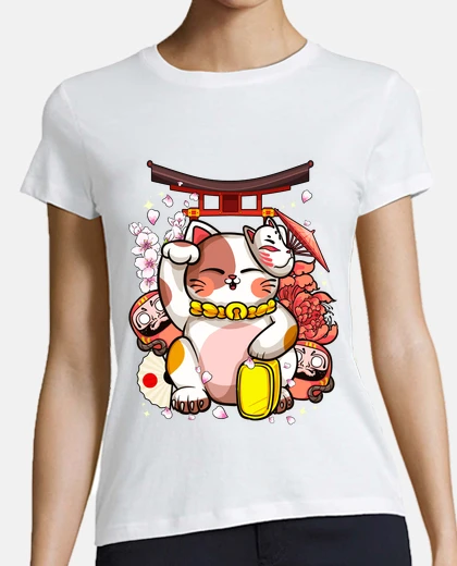 Camiseta Maneki Neko Gato Japonés Kawaii Anime Otaku Manga Humor Chino