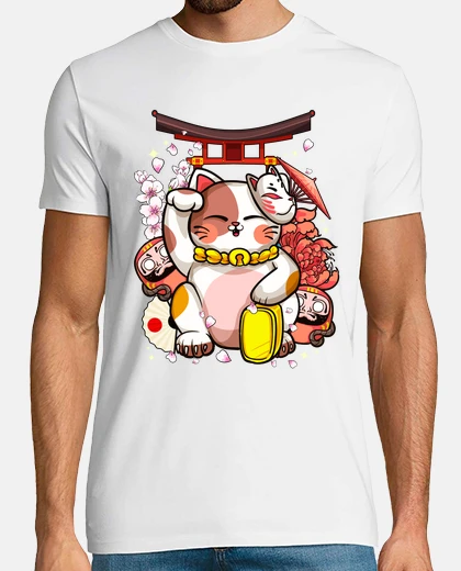 Camiseta Maneki Neko Gato Japonés Kawaii Anime Otaku Manga Humor Chino