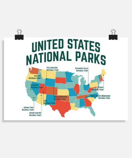 Póster mapa de parques nacionales en los estados unidos vuelo avión glaciar acadia plan cartel clase cartel