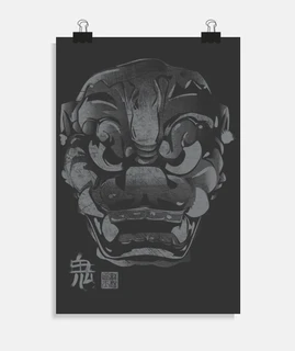masque japonaise kanji démon gris