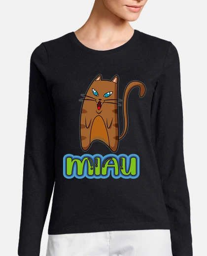 Tee-shirt meow cat woman, manches longues, noir