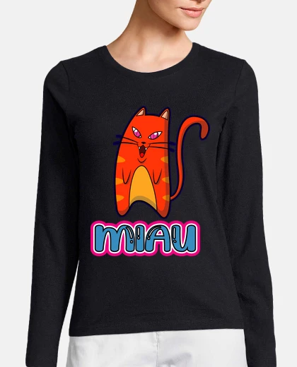 Tee-shirt meow cat woman, manches longues, noir