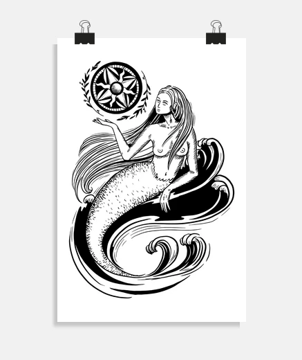 Poster mermaid with a wind rose compass, rare sailor poster, for decoration,
