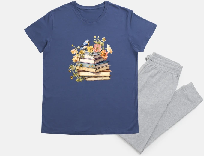Pyjama mésange bleue sur pile de livres rétro nuit sommeil 