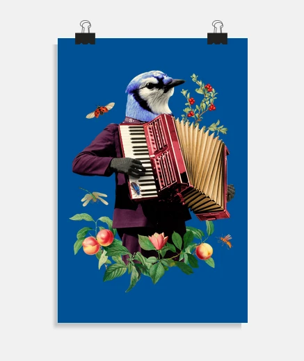 Poster mésange qui joue de l accordéon , poète, décoration  affiche pour bistrot ,café, restaurant