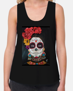 mexican skull woman t shirt , loose fit wide straps, black