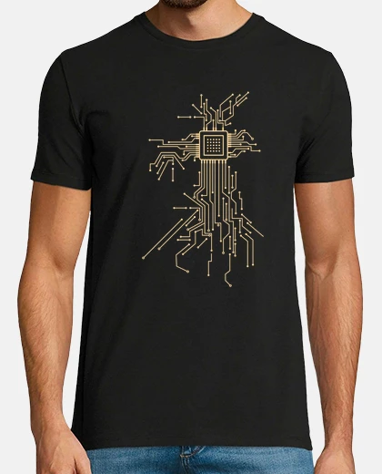 Camiseta microprocesador, chip electrónico, oro