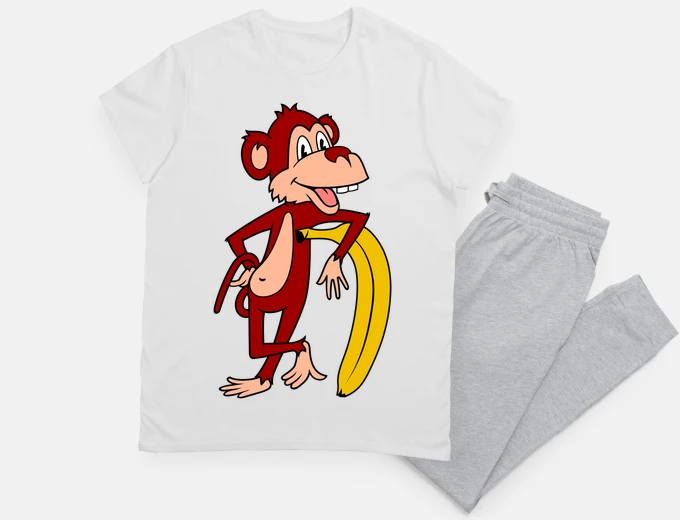Pyjama monkey leaning on a banana funny night sleep