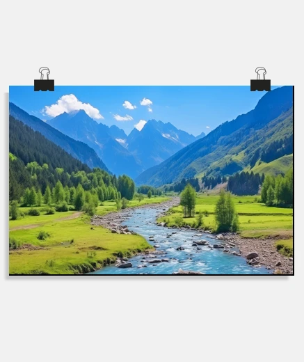 Póster montañas río sereno paisaje inspirar