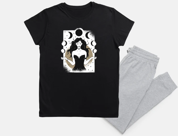 Pyjama moon goddess with lunar phases, science fiction