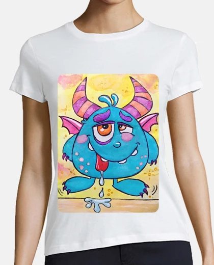 T-shirt mostro-donna, stile baseball, bianca e blu bianca