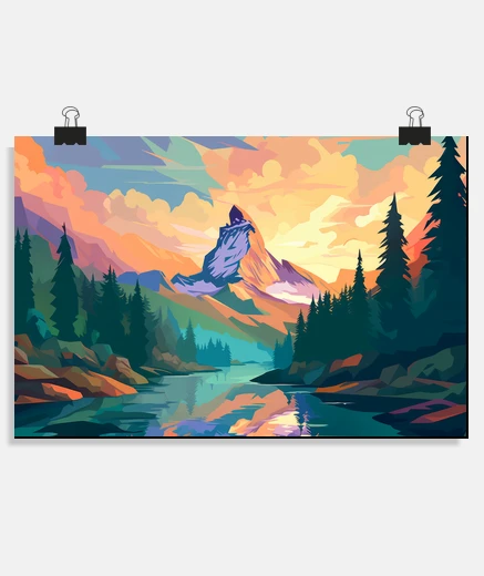Poster Mountain Valley River Landscape Nature