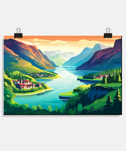 Poster Mountain Valley River Landscape Nature