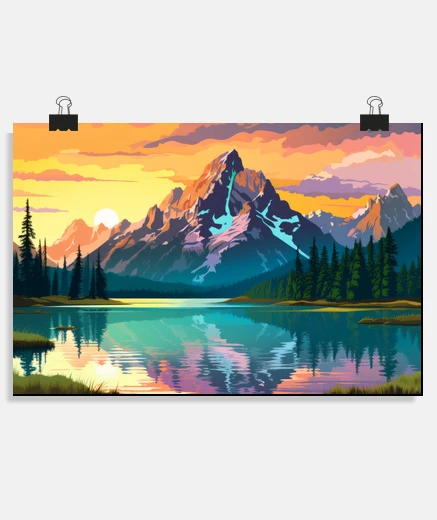 Poster Mountain Valley River Landscape Nature