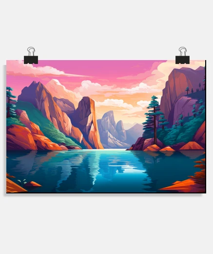 Poster Mountain Valley River Landscape Nature