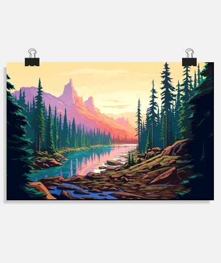 Poster Mountain Valley River Landscape Nature