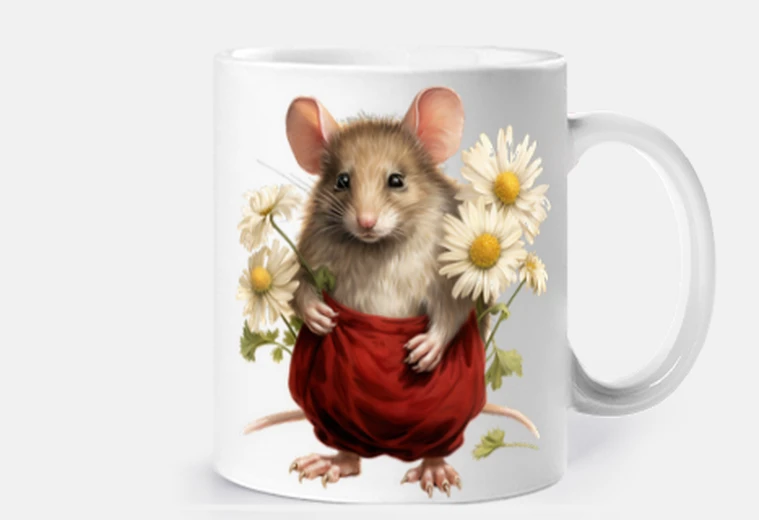Cup mouse with daisies flowers cup coffee tea croissants herbal tea infusion
