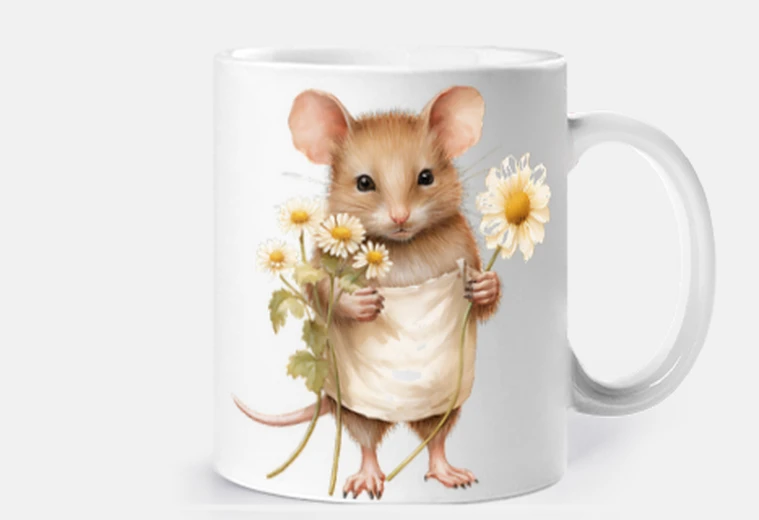 mouse with daisies flowers cup coffee tea infusion romantic bouquet