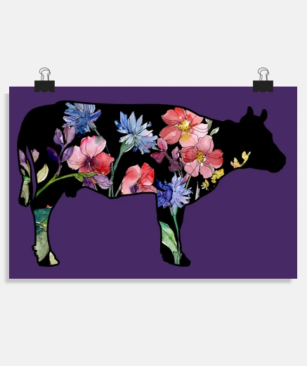 Poster mucca con fiori moda boho chic poster della fiera agricola