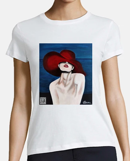 Playera Mujer con sombrero rojo - camiseta blanca mc