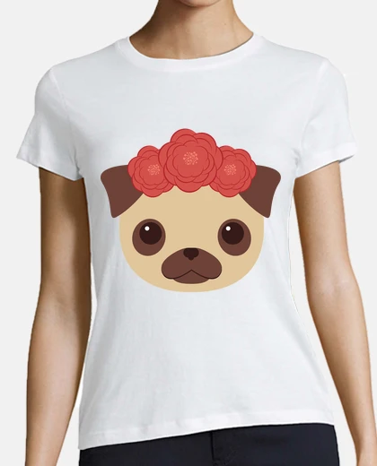 Playera Mujer, manga corta, blanca, Diseño Perrita con Flores