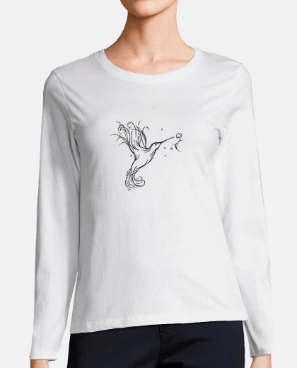 Playera Mujer, manga larga, blanco, colibri